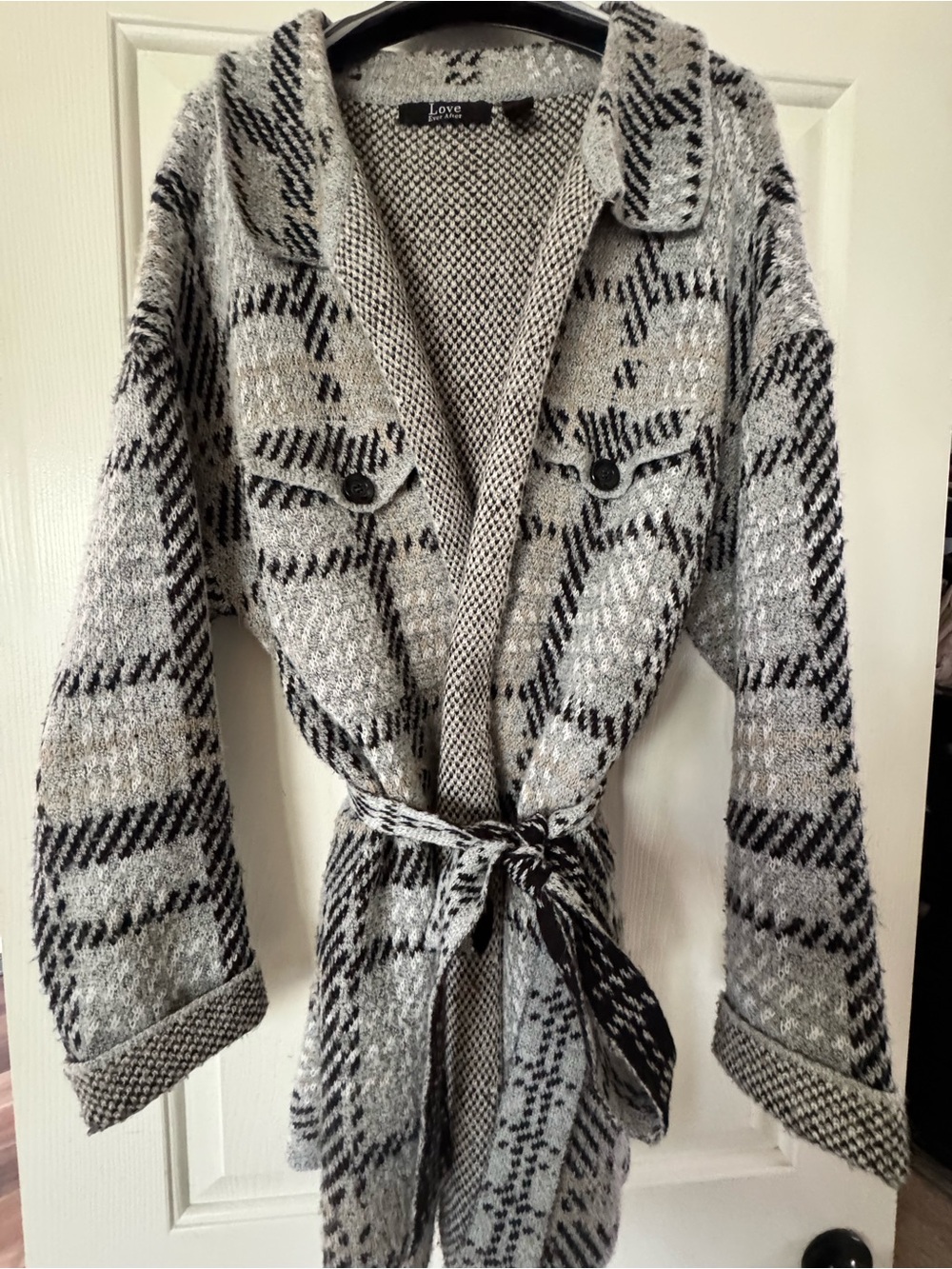 Love by Design Gray Plaid Belted Cardigan Sweater